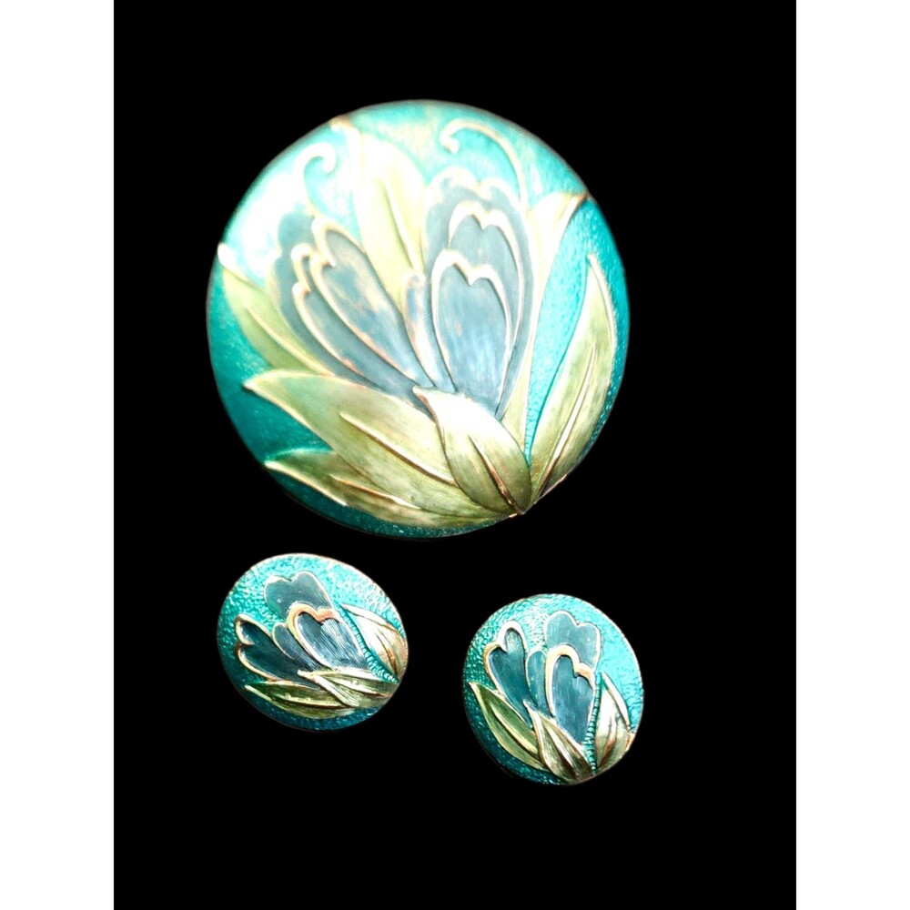Vintage Teal Enamel Floral Brooch & Clip On Earrings Set In Box, Cloisonné Style